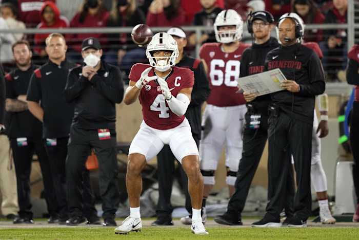 Stanford Cardinal wide receiver Michael Wilson (4) catches a pass during the second quarter against the Notre Dame Fighting Irish at Stanford Stadium.